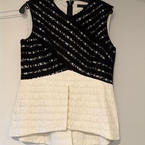 BCBGMaxAzria Black and Cream Asymmetrical Peplum Blouse